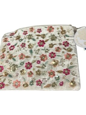NWT from India to you Embroidered Floral Velvet Cosmetic Pouch in Cream big size